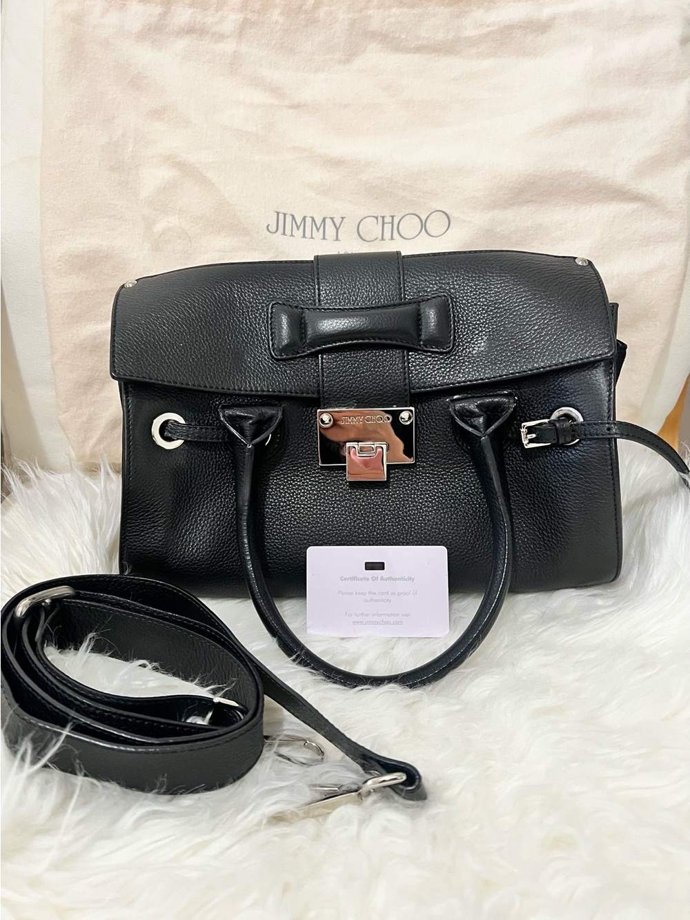 Jimmy Choo Black Pebbled Leather Top-Handle Satchel with Removable Strap